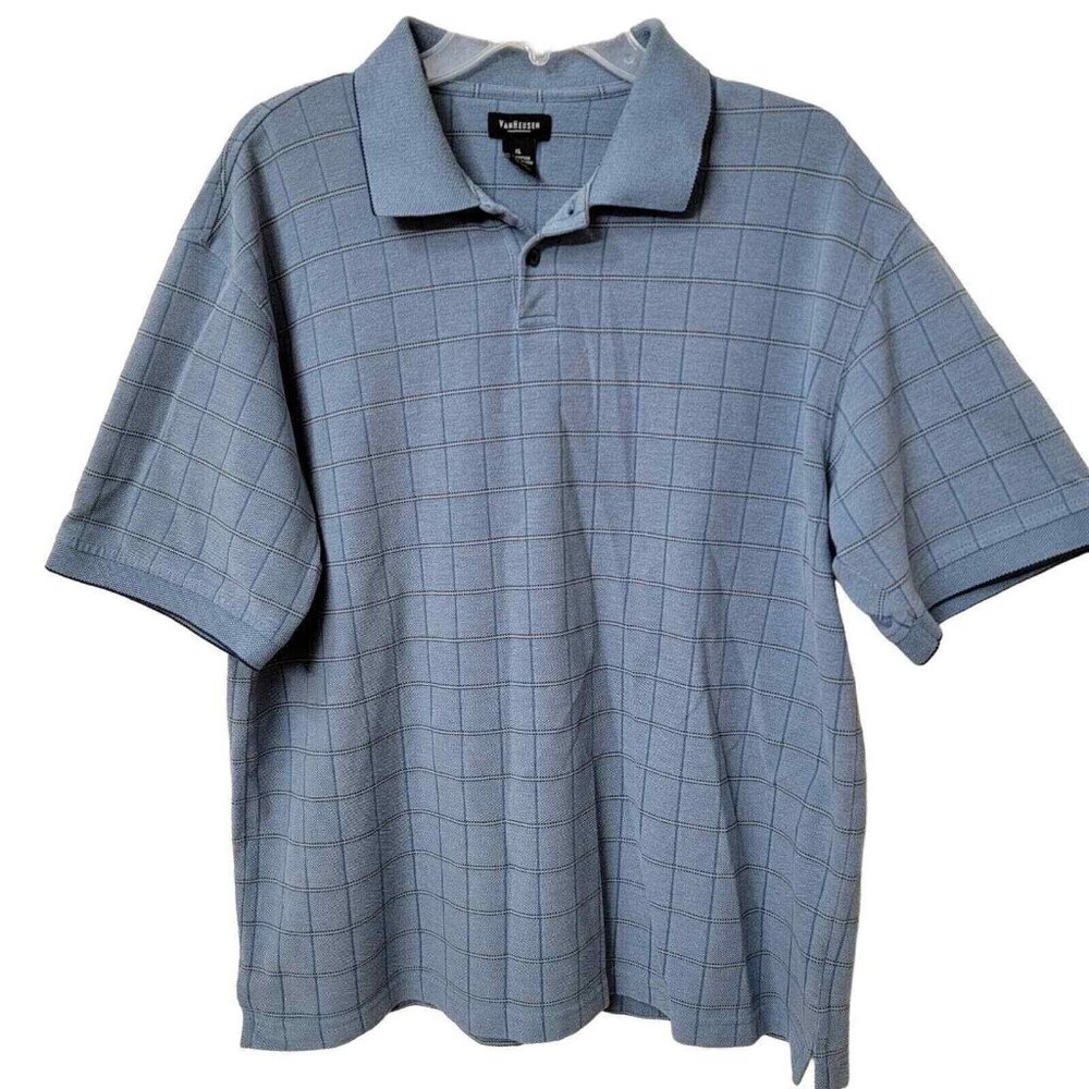Van Heusen Men's Polo Shirt Size XL Blue Casual Check Pattern With Collar Cotton